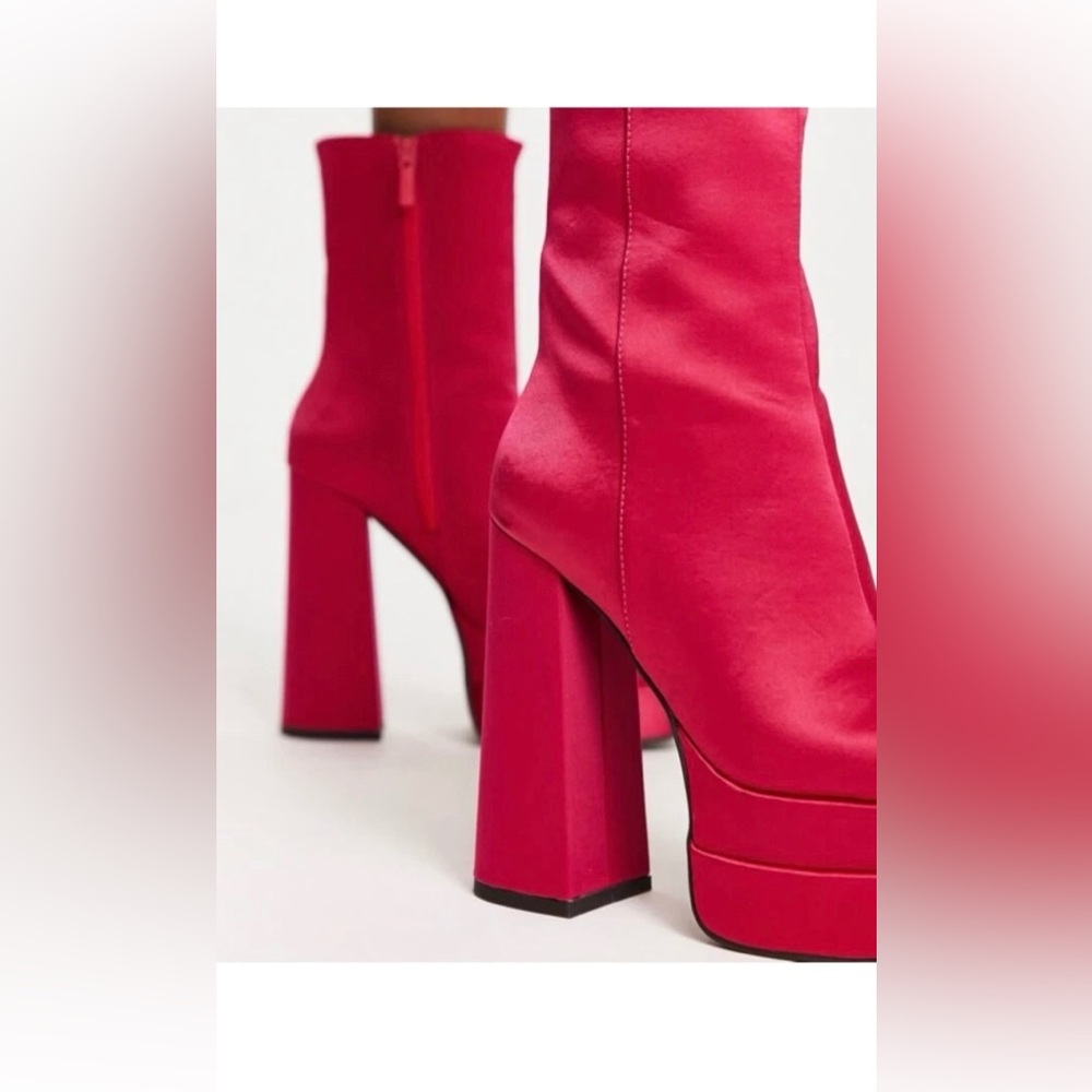 ASOS Fuchsia Satin Square Toe Hi Block Heel Platform Boots Sz 9 NWT - Picture 4 of 13